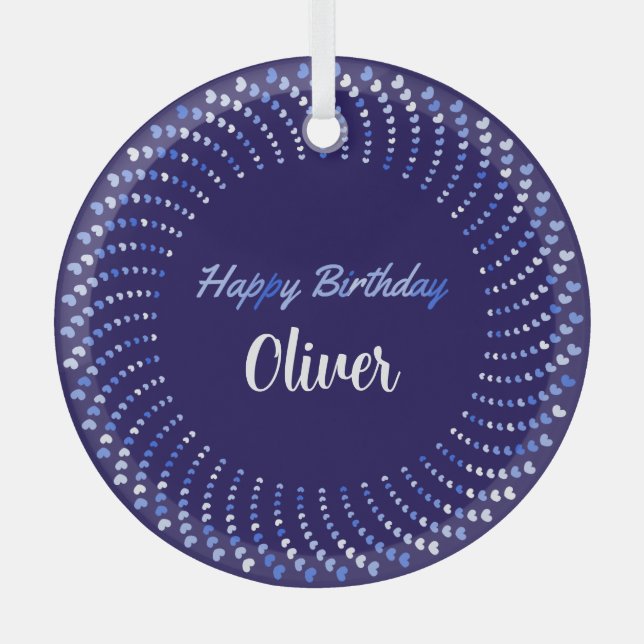 Ornement En Verre Bon texte d'anniversaire avec cercle de coeurs ble (Recto)