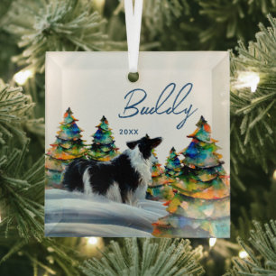 Ornement En Verre Border Collie dans la forêt enneigée d'hiver arbre