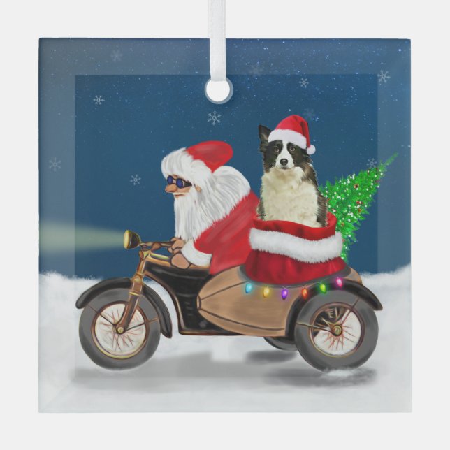 Ornement En Verre Bordure Collie Chien Noël Père Noël (Recto)