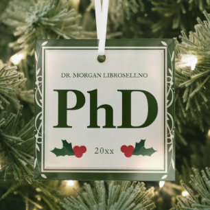 Ornement En Verre Bordure Vert Blanc Nom Holly PhD Graduation