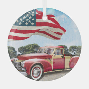 Ornement En Verre Camion de ramassage rouge : Drapeau américain Vint