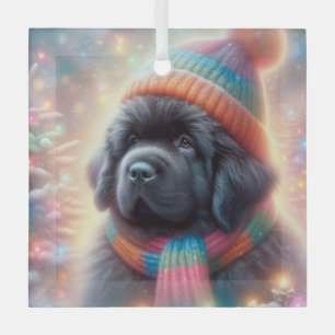 Ornement En Verre Carré d'hiver Newfie Pup