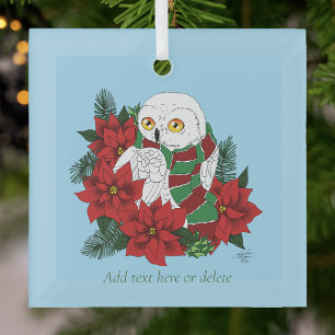 Ornement En Verre Châle de Noël Festif Hibou Blanc Poinsettias Rouge