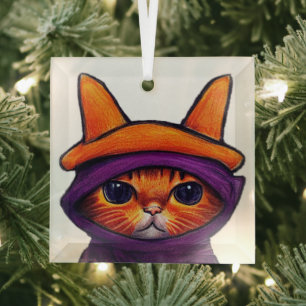 Ornement En Verre Chat orange avec sorcière violette Casquette Hallo