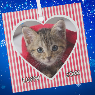 Ornement En Verre Chat personnalisé sur un cœur rayé rouge et blanc