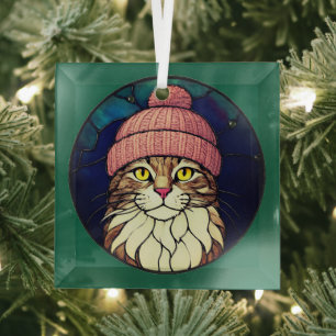 Ornement En Verre Chat tigré de Noël en verre coloré avec casquette 