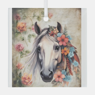Ornement En Verre Cheval blanc dans les fleurs.