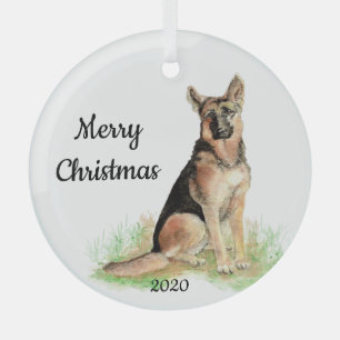 Ornement En Verre Chien berger allemand à l'aquarelle de Noël daté