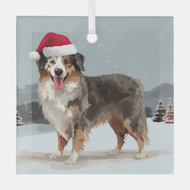 Ornement En Verre Chien berger australien en Noël de neige (Recto)