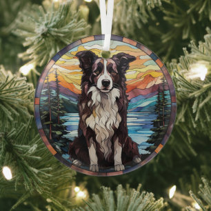 Ornement En Verre Chien Border Collie Montagne Scénique Vitrail