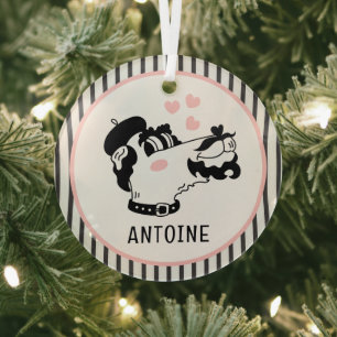 Ornement En Verre Chien de caniche français portant un Beret Nom per