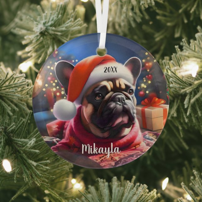 Ornement En Verre Chien de taureau français avec Noël du chapeau (Insitu)