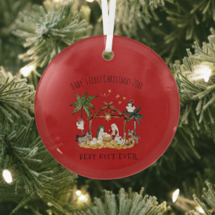 Ornement En Verre Christian Christmas Watercolor Nativité Rouge