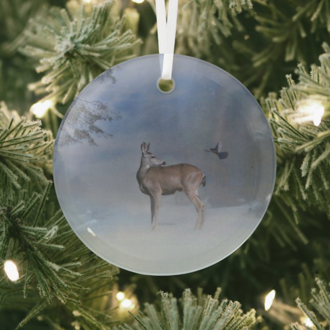 Ornement En Verre Christmas Holiday Wildlife Deer et Blue Jay (Insitu)