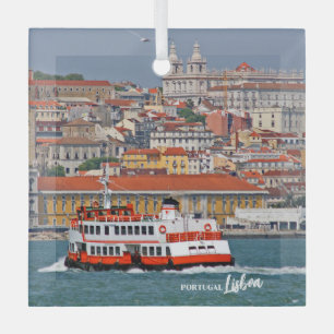 Ornement En Verre Ciel de Lisbonne avec vieux ferry sur le fleuve Ta