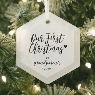 Ornement En Verre Coeur Noir & Blanc Premier Noël des Grands-Parents