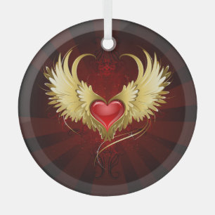 Ornement En Verre Coeur rouge avec ailes d'or
