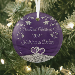 Ornement En Verre Cœurs de mariage de Noël 1ère Saint-Valentin gris