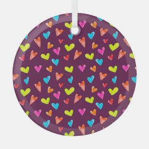 Ornement En Verre Coeurs multicolores : Aquarelle Motif violet.