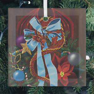 Ornement En Verre Couronne de Noël ruban bleu dragon rouge festive