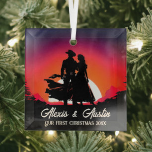 Ornement En Verre Cowboy et mariée au coucher du soleil Premier Noël