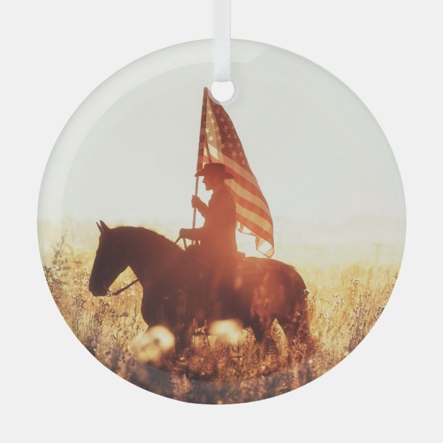 Ornement En Verre Cowboy Portrait USA Flag Thème. (Recto)