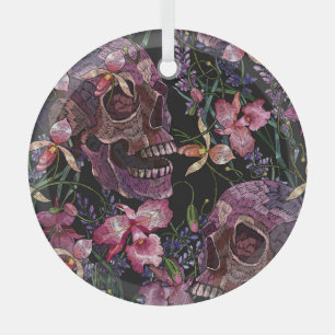 Ornement En Verre Crâne brodé : Motif gothique de l'orchidée