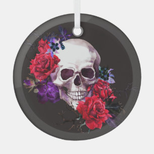 Ornement En Verre Crâne et Rose : Aquarelle florale foncée.