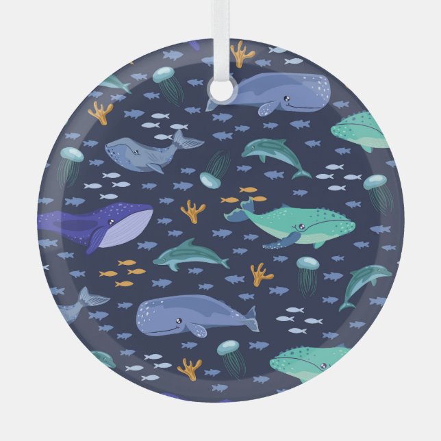 Ornement En Verre Créatures marines : baleines, méduses motif. (Recto)