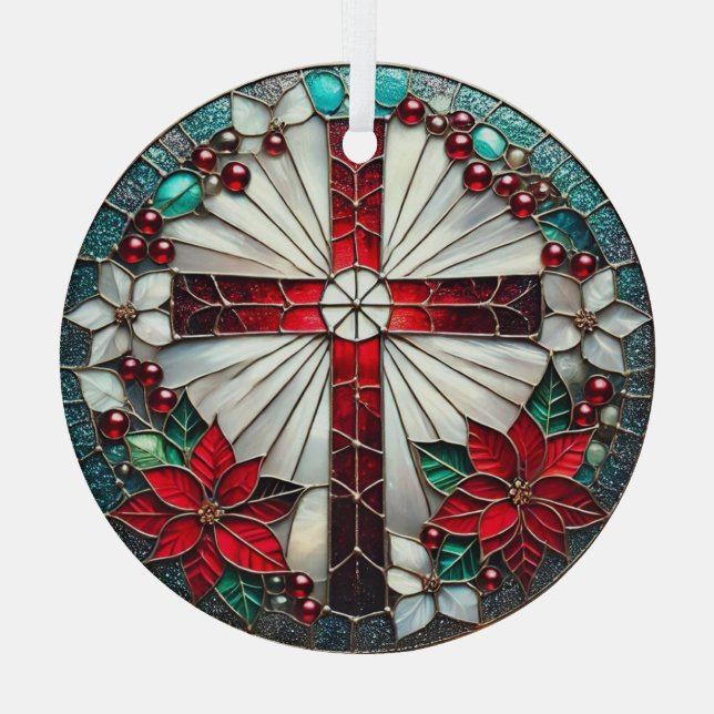 Ornement En Verre Croix de verre tendue avec Poinsettias (Verso)