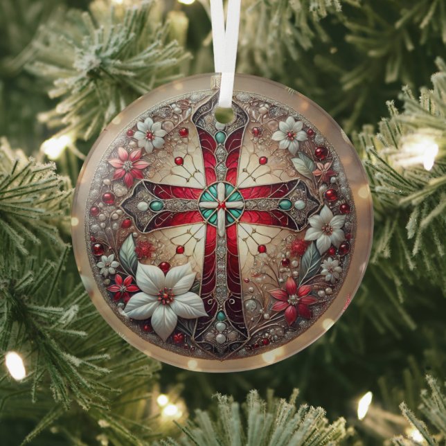 Ornement En Verre Croix et Poinsettias (Insitu)