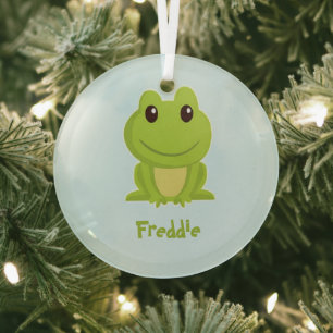Ornement En Verre Cute grenouille verte sur bleu