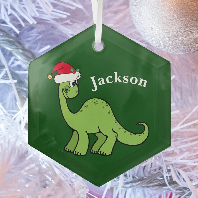 Ornement En Verre Cute Kids Christmas Dinosaur Vert Personnalisé (Créateur téléchargé)