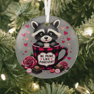 Ornement En Verre Cute Raccoon Valentine Buffalo Plaid