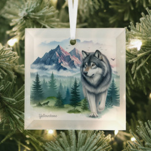 Ornement en verre de loup de Jaune de Noël