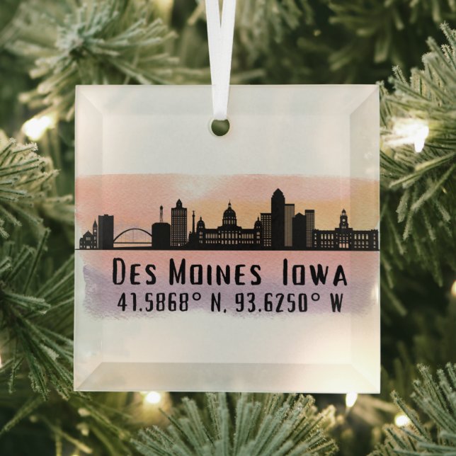 Ornement En Verre Des Moines IA City Skyline Latitude et Longitude (Insitu)