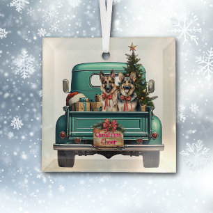 Ornement En Verre Deux Chiens Bergers Allemands Ferme Camion Noël