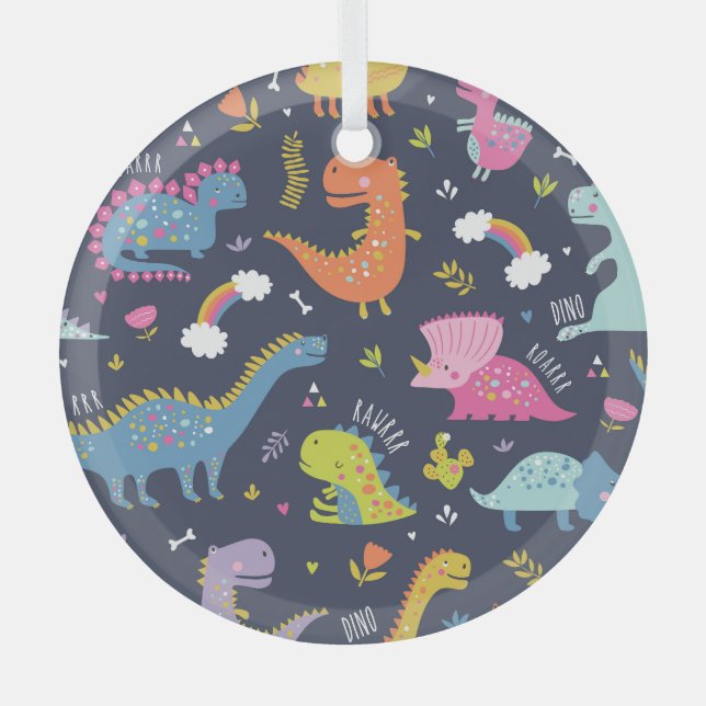 Ornement En Verre Dinosaures pour enfants : Motif Vintage coloré (Recto)