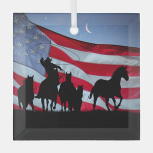 Ornement En Verre Drapeau américain de Cowboy et Wild Hors