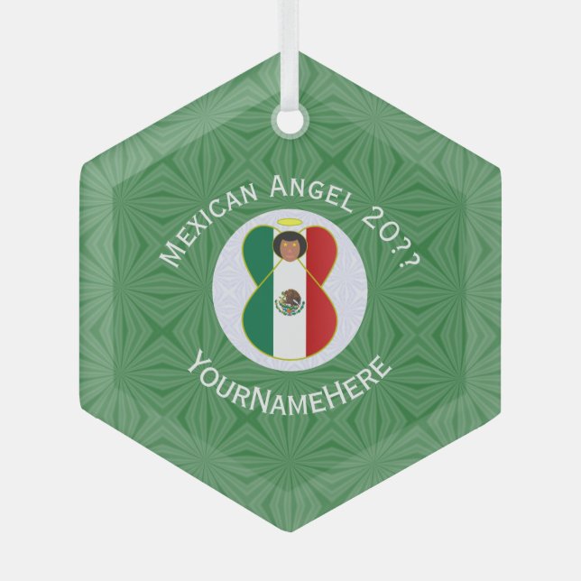 Ornement En Verre Drapeau mexicain Angel Vert Blanc Année Nom Hexago (Recto)