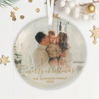 Ornement En Verre Élégant Gold Script Famille Photo Joyeux Noël