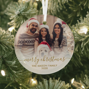 Ornement En Verre Elégant Gold White Family Photo Joyeux Noël