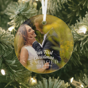 Ornement En Verre Élégant Notre Premier Noël Engagé Couple Photo