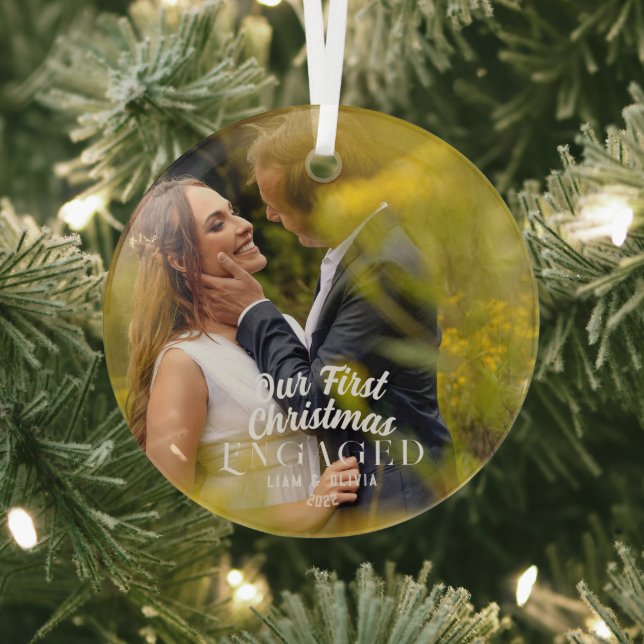Ornement En Verre Élégant Notre Premier Noël Engagé Couple Photo (Insitu)