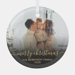 Ornement En Verre Elégante Black Gold Family Photo Joyeux Noël