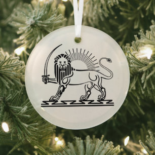 Ornement En Verre Emblème Lion et Soleil de l'Iran - noir et blanc