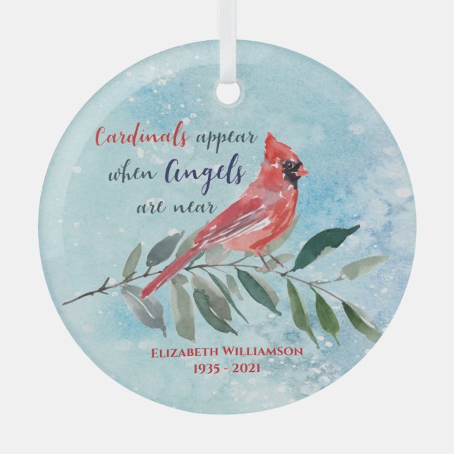 Ornement En Verre Eucalyptus Cardinals Aquarelle Memorial Noël (Recto)