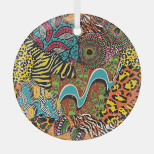Ornement En Verre Fabric africain : Patchwork d'animaux sauvages.