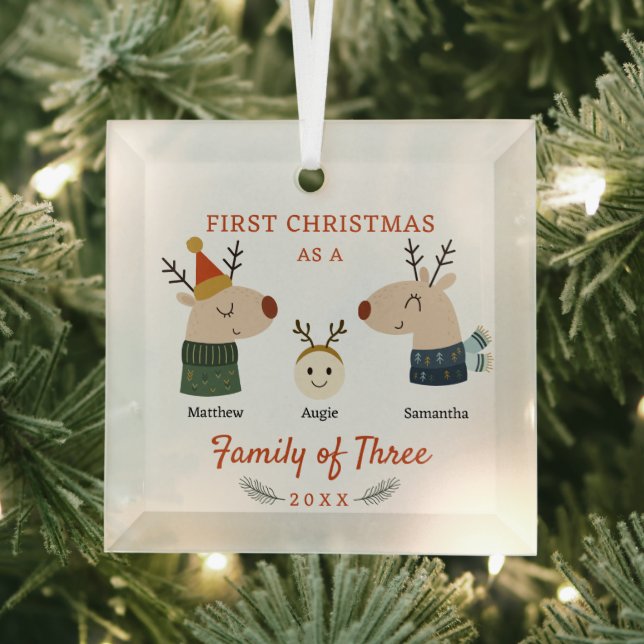 Ornement En Verre Famille Reindeer des trois premiers Noël (Insitu)