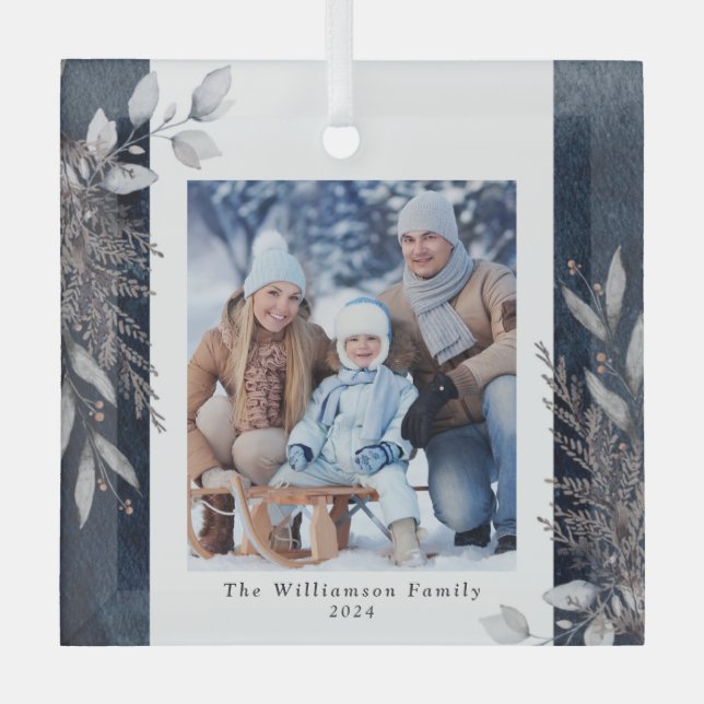 Ornement En Verre Feuillage d'hiver Tan & Grey Photo de Noël Bleu (Recto)